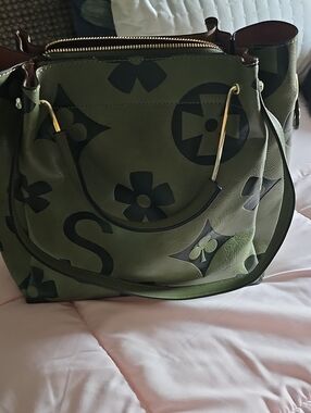 Olive Green Logo-Print Leather Tote Bag